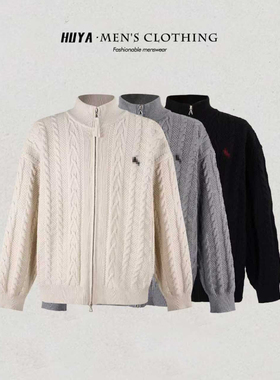 虎牙兄弟秋季经典拉链骑马标立领纯色简约通勤宽松针织衫JS51006