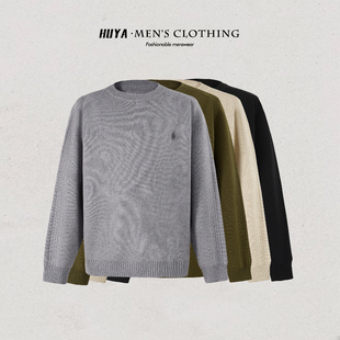 男M8120 圆领骑马标休闲纯色宽松百搭长袖 虎牙兄弟冬季 毛衣时尚