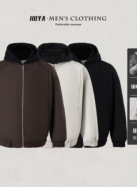 虎牙兄弟冬季假两件立体裁剪休闲防风连帽加厚加绒棉服外套男1719