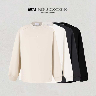 虎牙兄弟秋冬圆领纯色长袖拼接休闲透气刺绣打底衫T恤上衣男W212