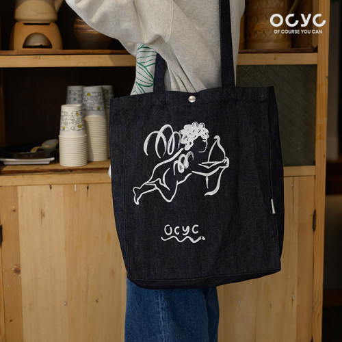OCYC四季百搭通勤天使印花丹宁牛仔大容量托特包帆布包