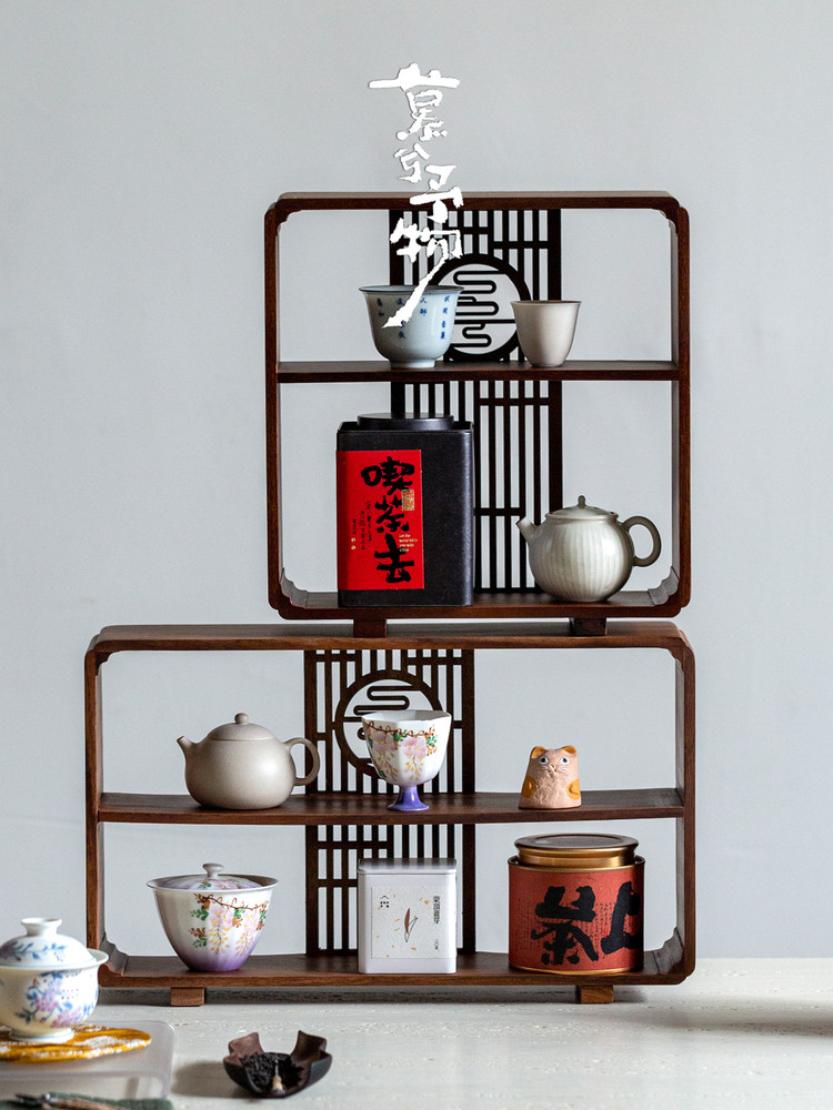 慕兮胡桃木博古架中式覆古茶具架实木多宝阁茶室木制收纳置物架子