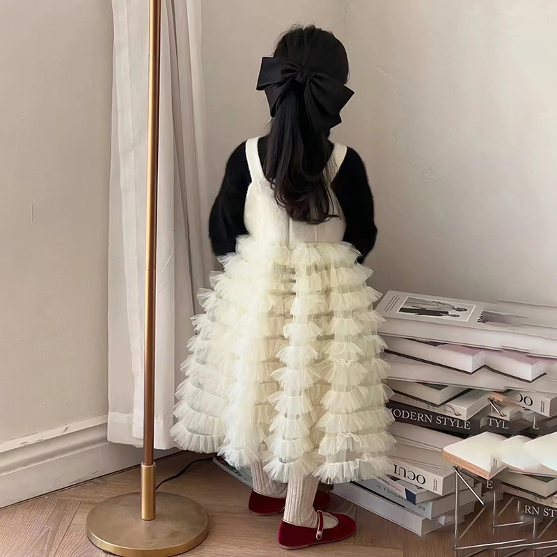 秋冬新款女童气质网纱洋装羊毛呢外J套高级黑小千金洋装套装