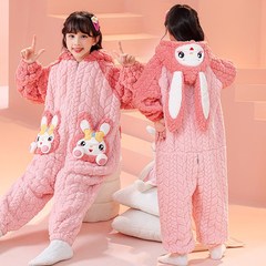 儿童连体a睡衣女童法兰绒秋冬季小女孩家居服加厚珊瑚绒防踢被睡