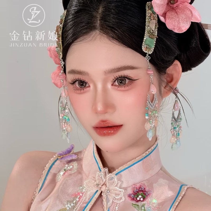 新娘秀禾头饰粉色花朵边夹对夹新中式国风晨袍配饰发夹女2Z025新