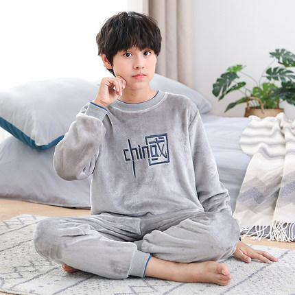 男童睡衣冬季儿童珊瑚绒秋冬加绒加厚款大童男Q孩法兰绒家居服套
