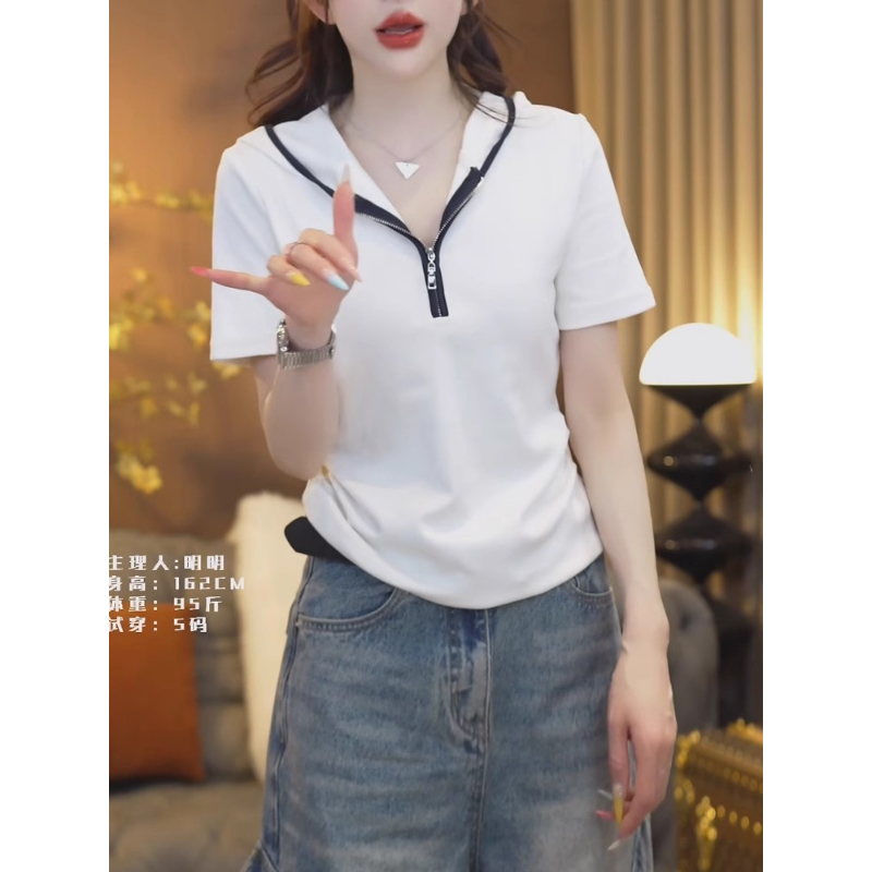 大码胖MM正肩连帽短袖t恤女2025新款夏季显瘦遮肚半开领半袖上衣