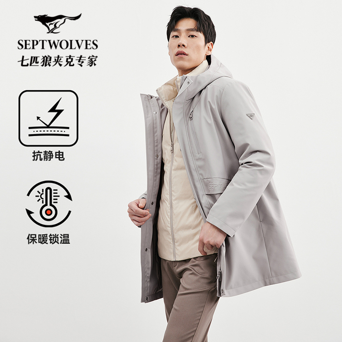 【一衣三穿】七匹狼保暖防风加厚羽绒服男冬季新款连帽中长款外套