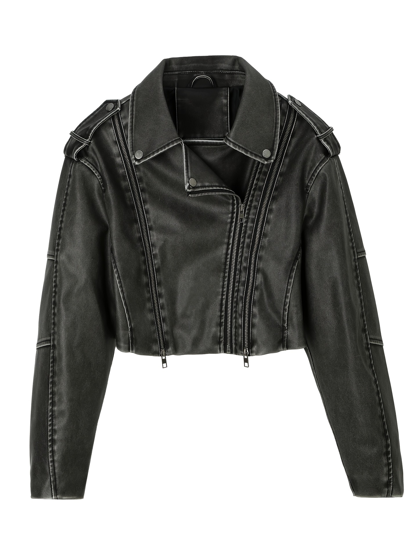 跨境短款机车PU皮衣夹克 复古做旧水洗多拉链装饰肩章外套jacket