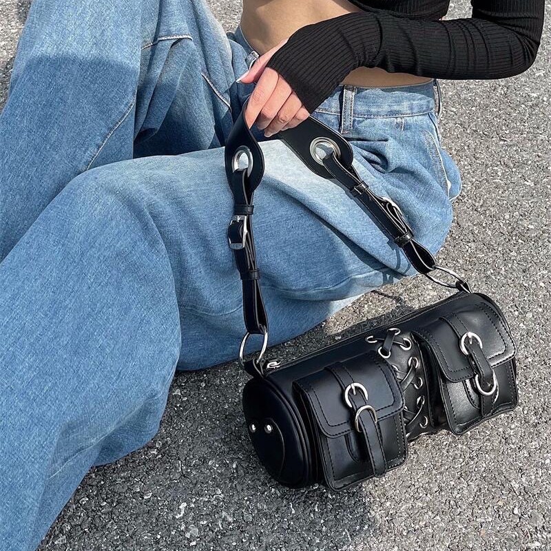 新款复古辣妹女腋下包通勤高级质感斜挎法棍包绑带单肩圆筒包时尚