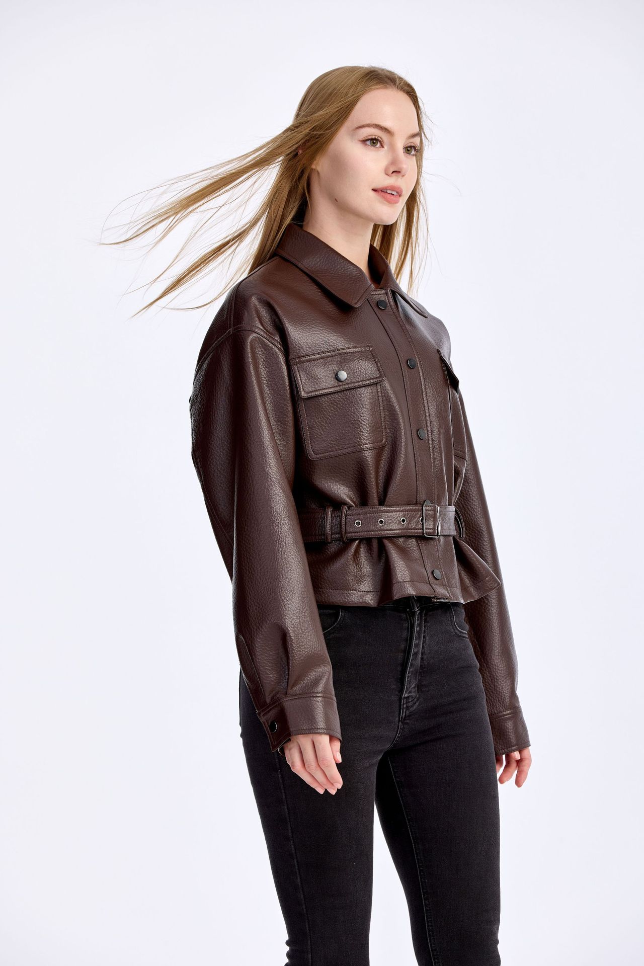 欧美女士春秋高端PU外套皮衣短款翻领修身显瘦夹克Women's jacket