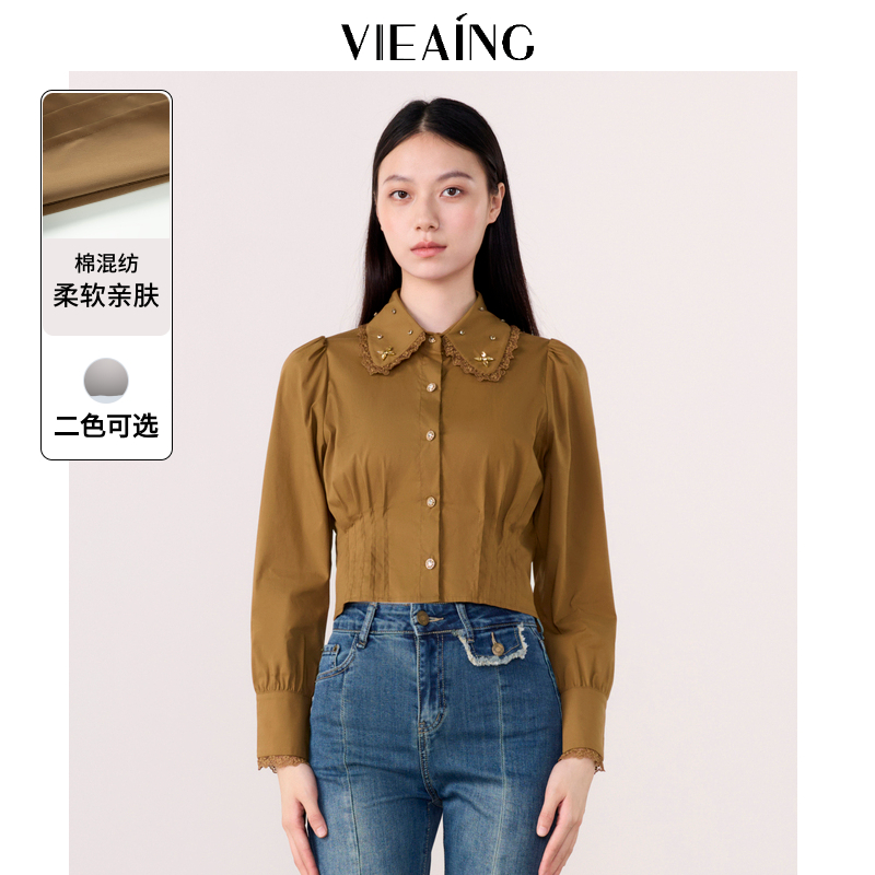 VIEA.ING薇迎秋娃娃领镶钻收腰短款小衬衫小个子白色衬衣女