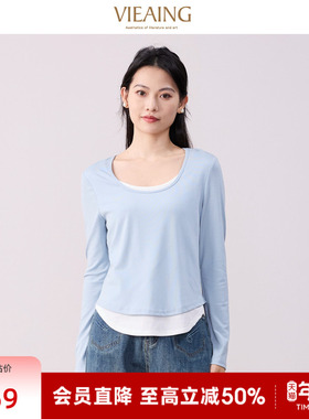 VIEA.ING薇迎圆领蓝色上衣女春高级感假两件长袖T恤