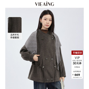 VIEA.ING薇迎商场同款呢绒外套女2026冬季新款披肩外套休闲呢大衣