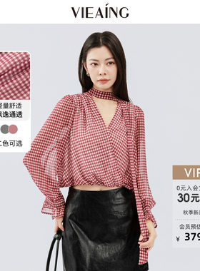 VIEA.ING薇迎商场同款格子衬衫女2026秋季新款港风复古长袖上衣
