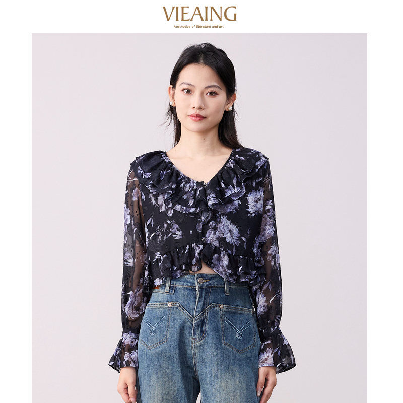 VIEA.ING薇迎荷叶边衬衫女2025秋冬新款设计感短款小个子紫色上衣