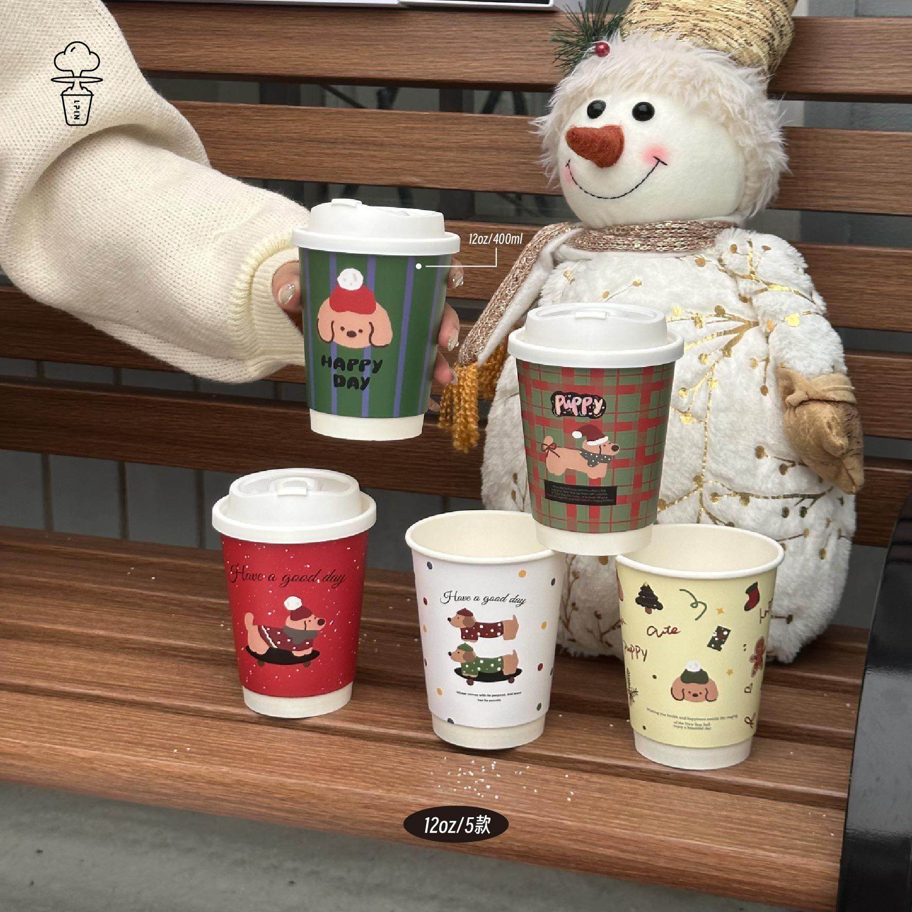 圣诞节纸杯子节日新年奶茶加厚一次性双淋膜封口咖啡杯带盖商用杯