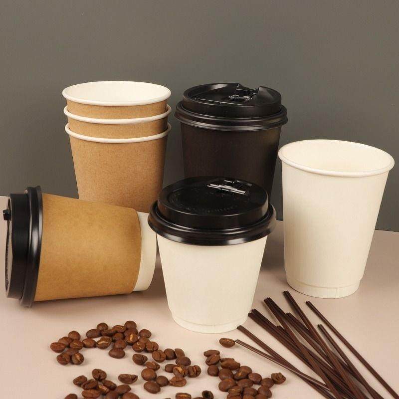 咖啡杯子高档精致一次性带盖家商用外带黑色双层热饮罐罐奶茶纸杯