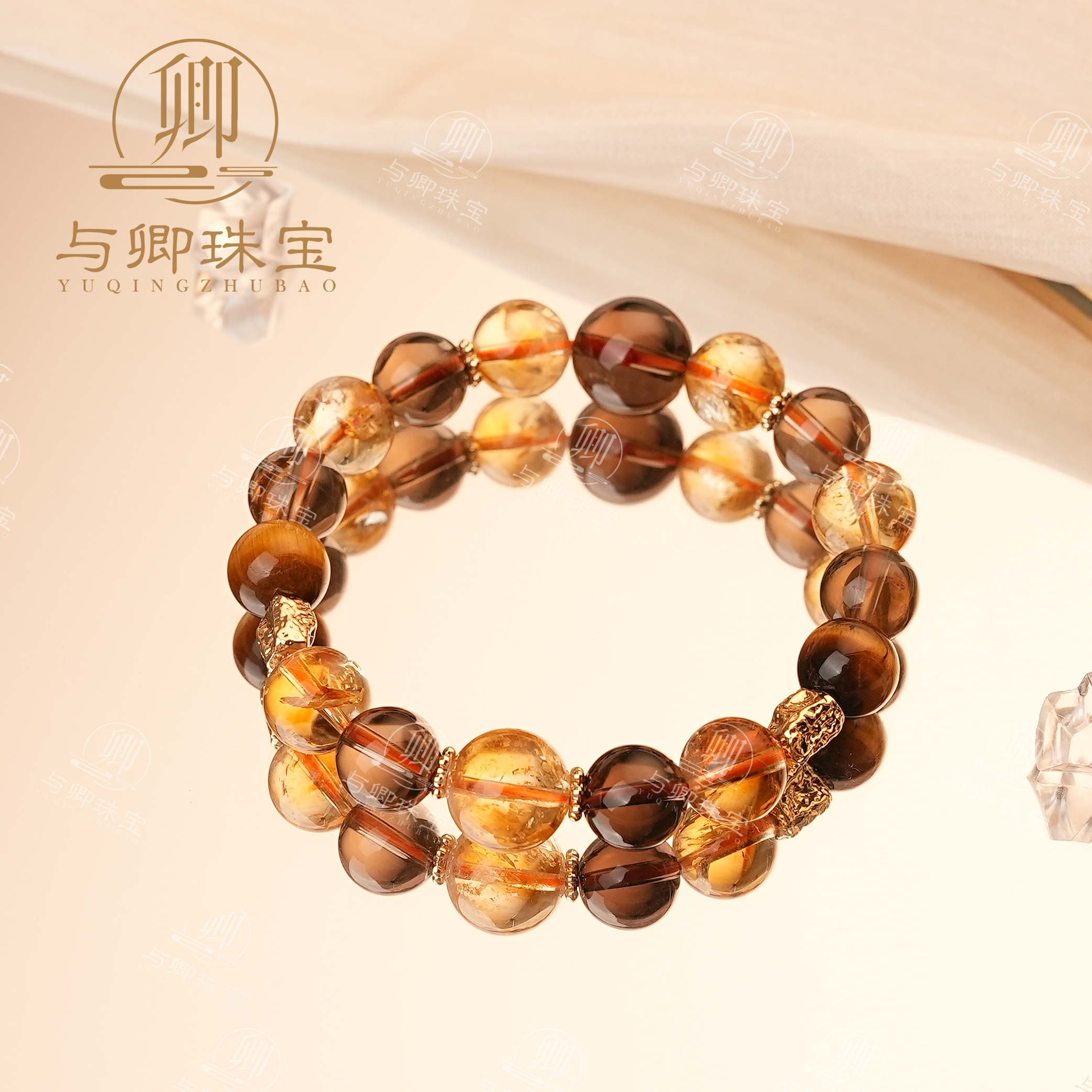 【道法宽】天然黄塔晶手串招财转运茶晶手链黄虎眼碎金子合金