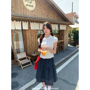 PPHOME自制~乖巧代名词 白色娃娃领衬衫收腰短袖上衣女+格子中裙