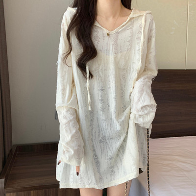 破洞连帽长袖T恤女夏大码胖mm显瘦宽松遮屁股中长款防晒上衣春秋