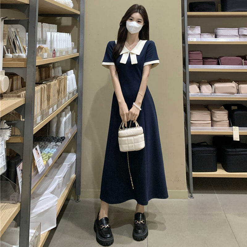 大码法式娃娃领高级感短袖连衣裙女夏季胖mm气质收腰学院风长裙子