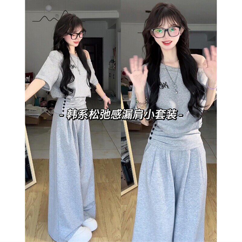 韩版慵懒风阔腿裤休闲运动套装女夏季洋气露肩短袖学生宽松两件套