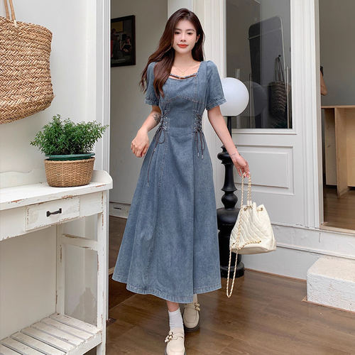 大码胖mm法式气质牛仔连衣裙女2025新款小众收腰显瘦长款裙子韩版
