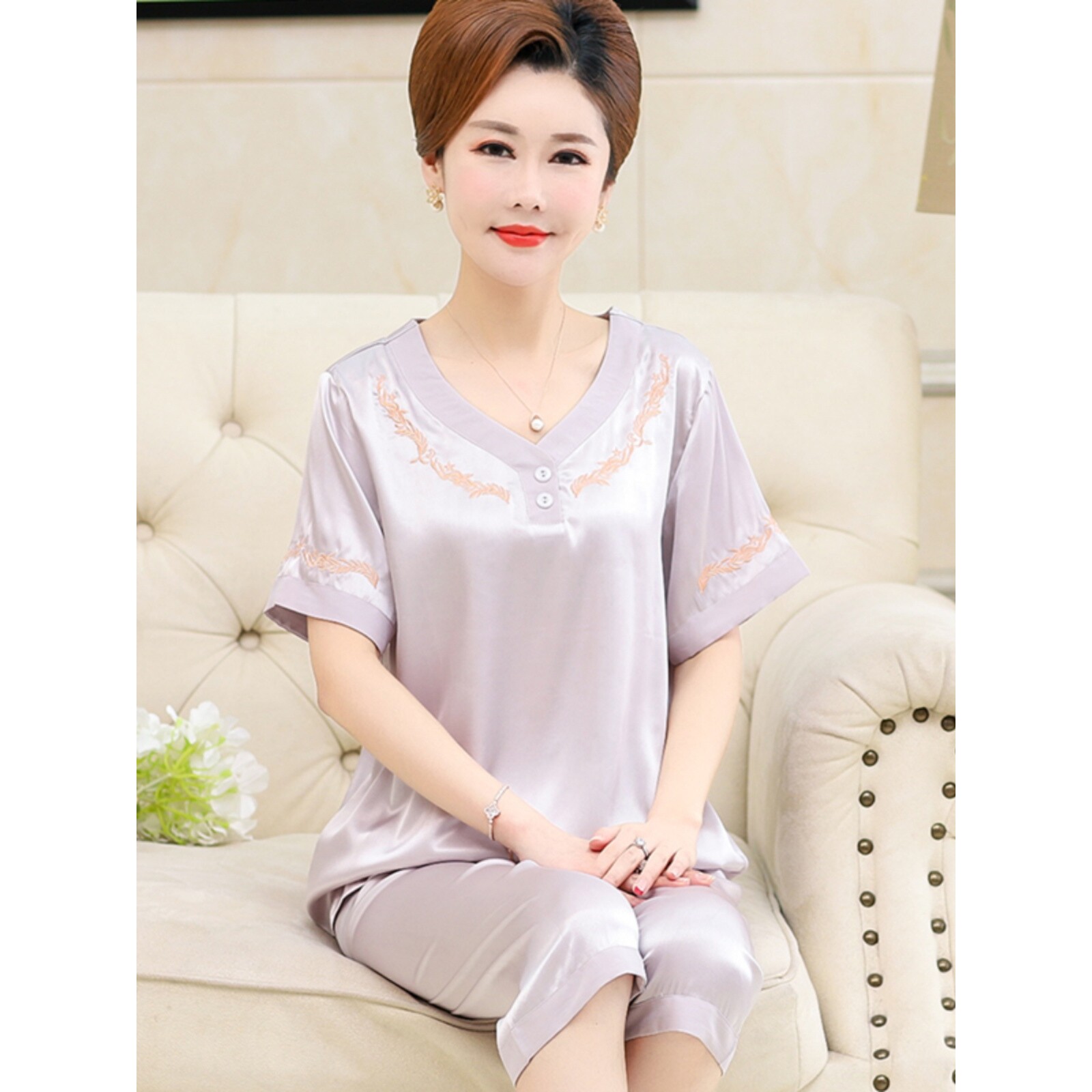 蕉树中年妈妈冰丝薄款夏季中老年睡衣/家居服套装