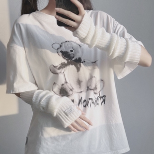 jk少女半指针织毛线手套字母布标手臂套甜美女生y2k辣妹秋冬袖套