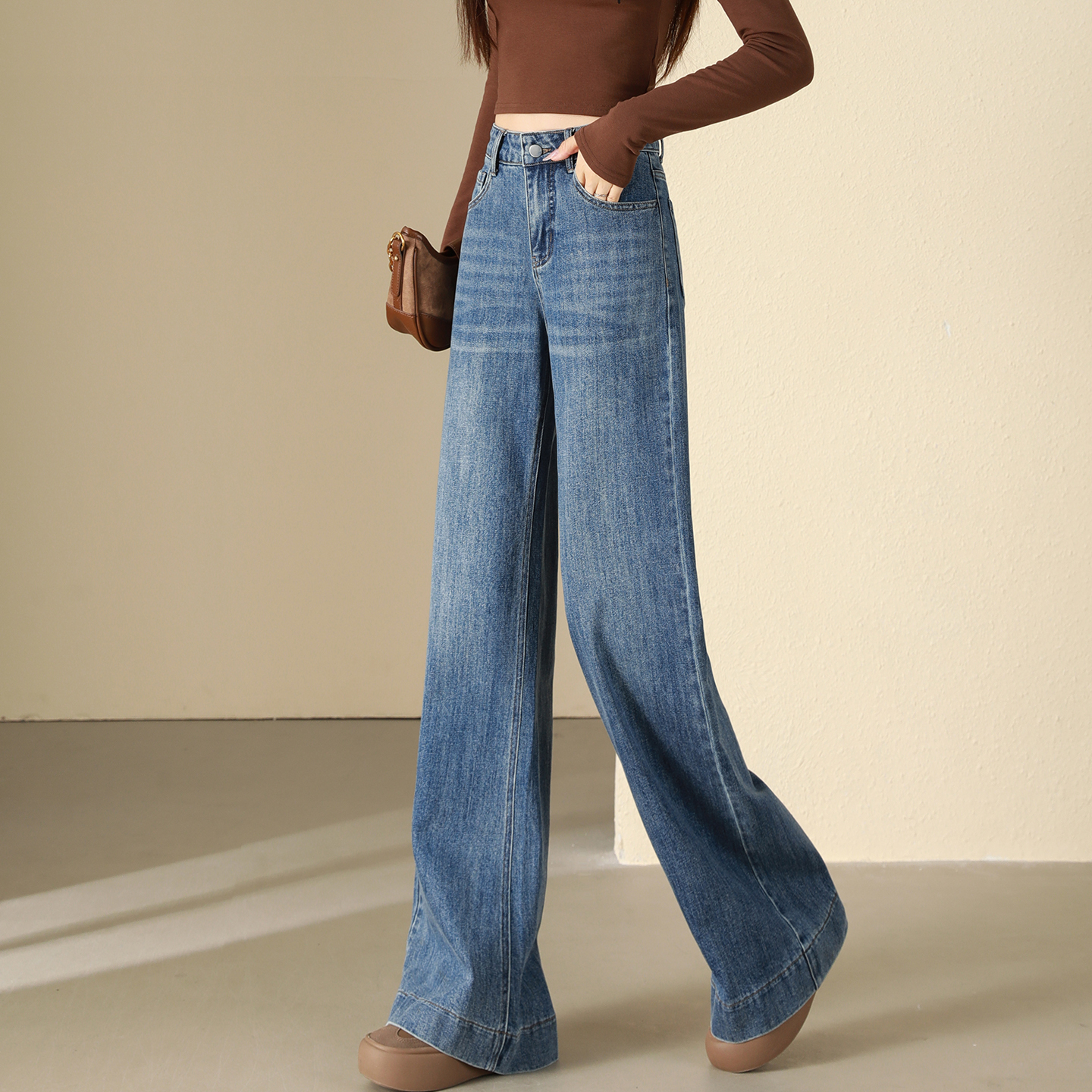 蜜糖之城复古蓝阔腿牛仔裤女2025秋季新款高腰显瘦高个子直筒裤子