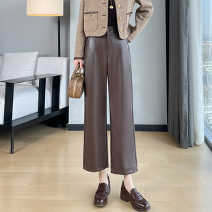 蜜糖之城加绒皮裤女秋冬季2025新款高腰显瘦小个子窄版直筒九分裤