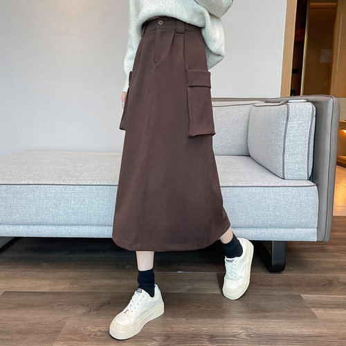 蜜糖之城毛呢半身裙女秋冬2025新款高腰包臀开叉中长款a字工装裙