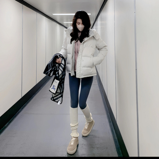 羽绒服女冬季连帽露露LuLu同款白色短款收腰加厚白鸭绒面包服外套