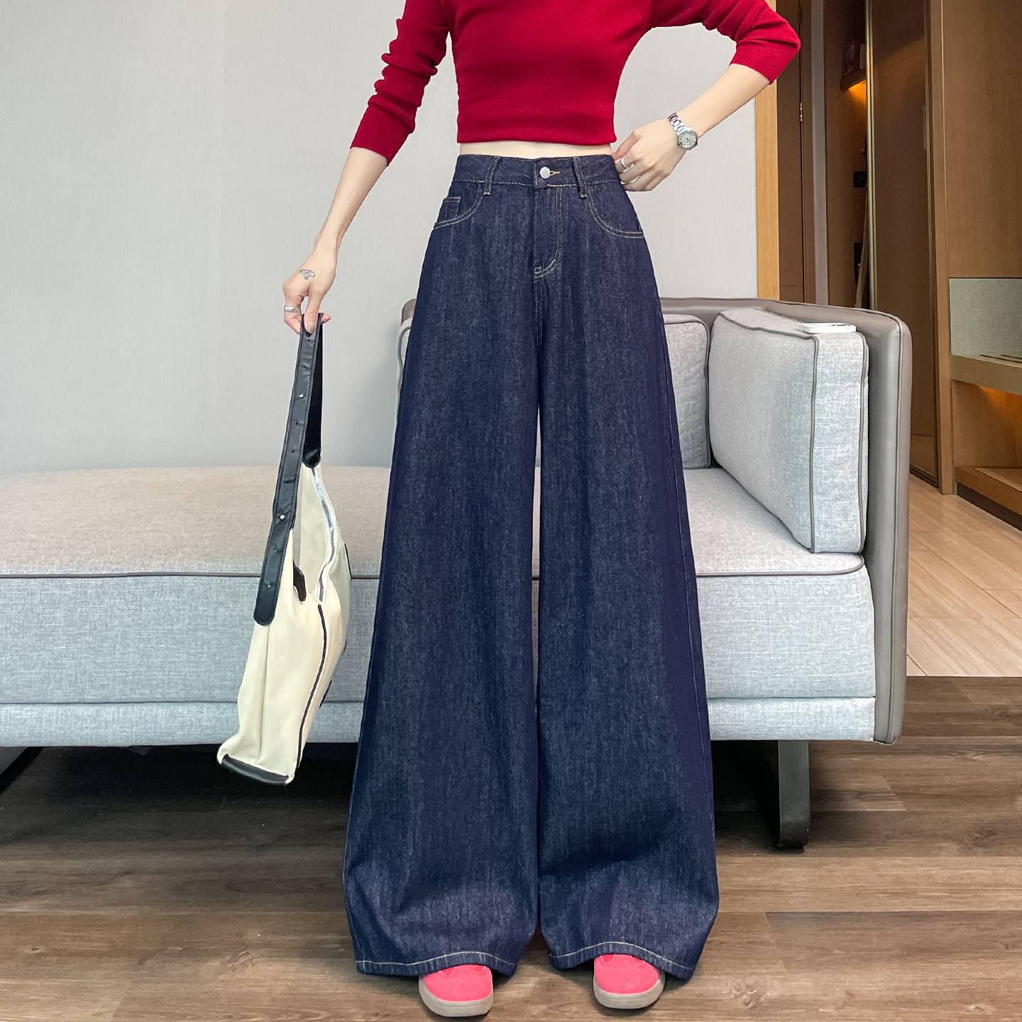蜜糖之城丹宁深蓝色阔腿牛仔裤女秋季宽松慵懒女高腰垂感拖地裤子,女装/女士精品,牛仔裤,淘宝优惠券,粉丝福利购,淘宝优惠卷