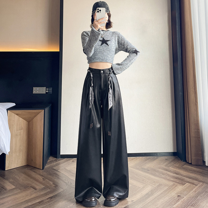 蜜糖之城pu皮裤阔腿裤女秋冬季2025新款高腰显瘦宽松拖地直筒长裤