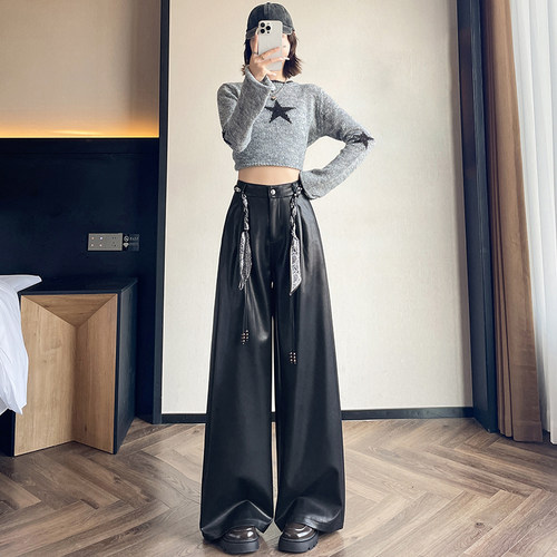 蜜糖之城pu皮裤阔腿裤女秋冬季2025新款高腰显瘦宽松拖地直筒长裤