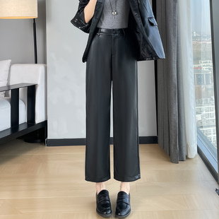 蜜糖之城加绒皮裤女秋冬季2025新款高腰显瘦小个子窄版直筒九分裤