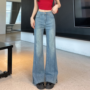 开叉喇叭裤女款2025年春夏装薄款高腰百搭爆款微喇牛仔裤子