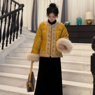 高端亚麻新中式水貂毛羽绒服女圆领刺绣年轻款国风鹅绒外套冬气质