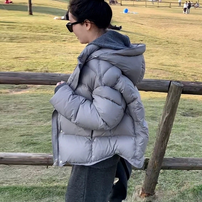 泡芙龟背羽绒服女短款2025冬季新款90白鸭绒小个子灰色面包服外套