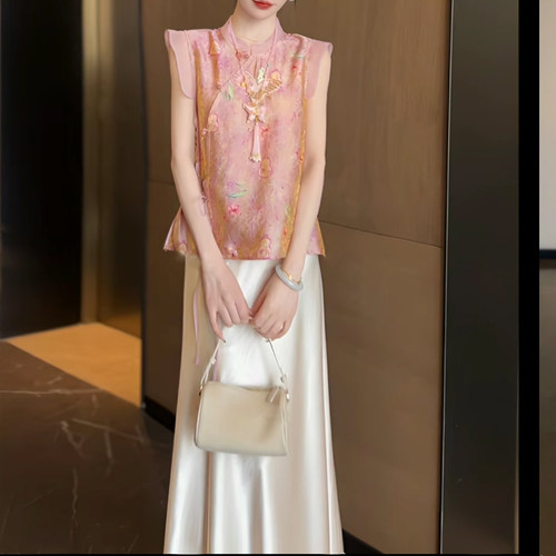 新中式国风马甲开衫气质亮片珠绣蕾丝上衣半身裙套装裙女装两件套