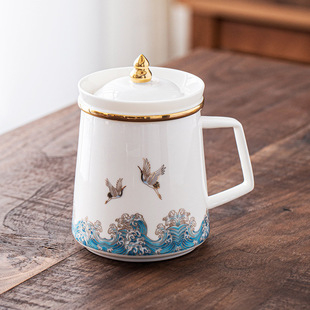 德化羊脂玉祥鹤主人杯马克杯陶瓷过滤茶杯办公杯带盖单个茶水分离