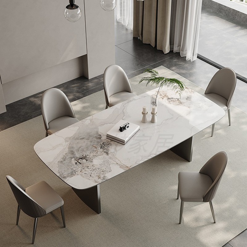 意式极简岩板设计师餐桌长方形家用轻奢高端不锈钢简约现代小户型