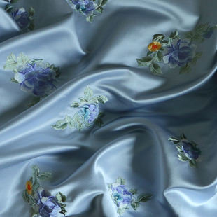 中式布料面料刺绣软缎礼服旗袍裙装团花花卉蝴蝶汉服布艺定制