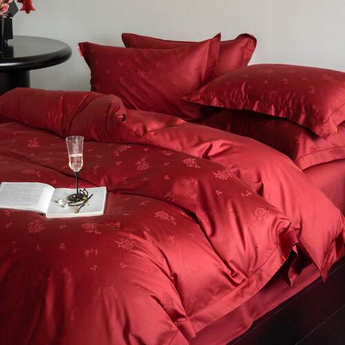 100S长绒棉贡缎提花全棉婚庆四件套大红结婚纯棉被套床单床上用品