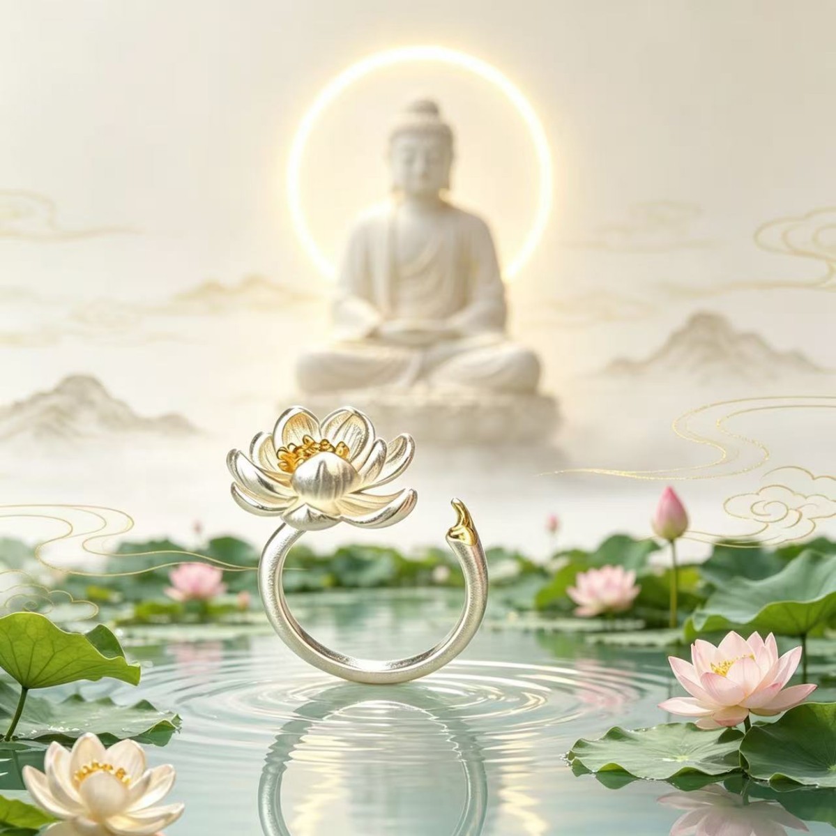 杭州灵隐花开见佛荷气生才荷花fo开口戒指女精致戒指庙景区礼品