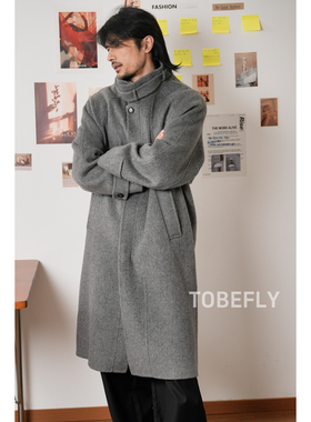 Tobefly系带立领绵羊毛拉链中长款双面呢大衣25秋冬保暖外套F5008