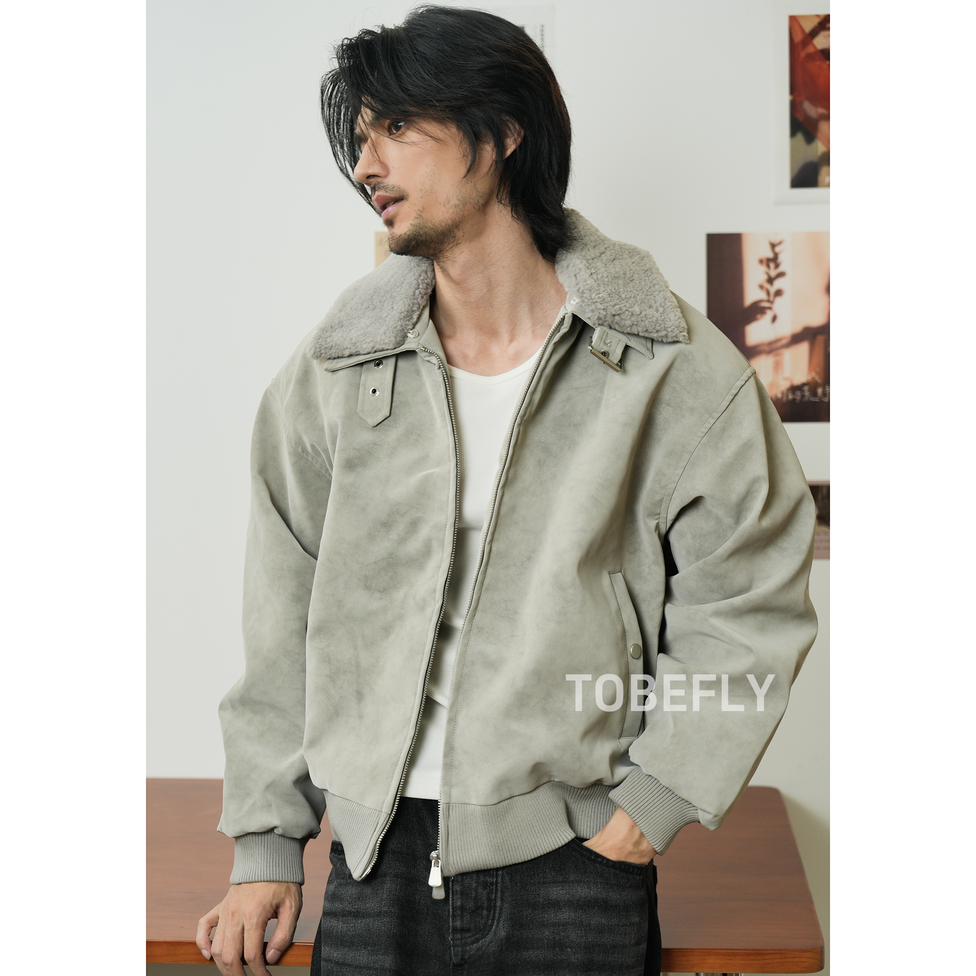 Tobefly可拆卸毛领麂皮绒棉服