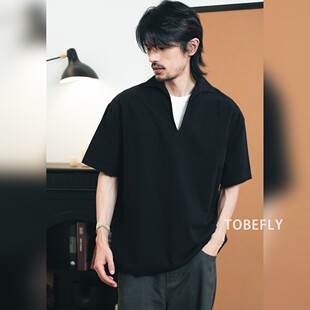Tobefly休闲开领小V领短袖衬衫黑白色百搭宽松男士百搭打底上衣